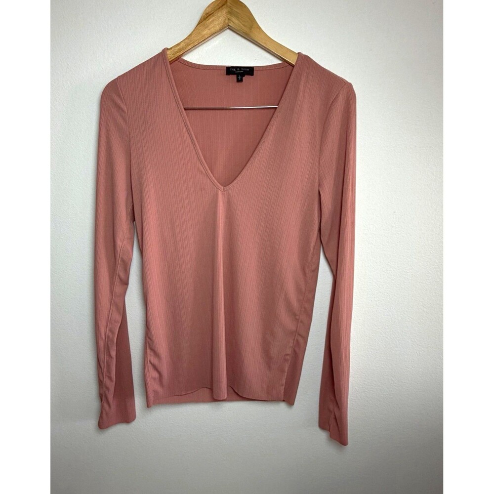 rag & bone Women’s Pink Ribbed Knit V-Neck Long Sleeve Top Size L